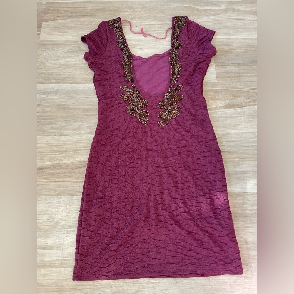 FREE PEOPLE Maroon Low Back Tight Dress with Beaded Embellishments. - Picture 4 of 13